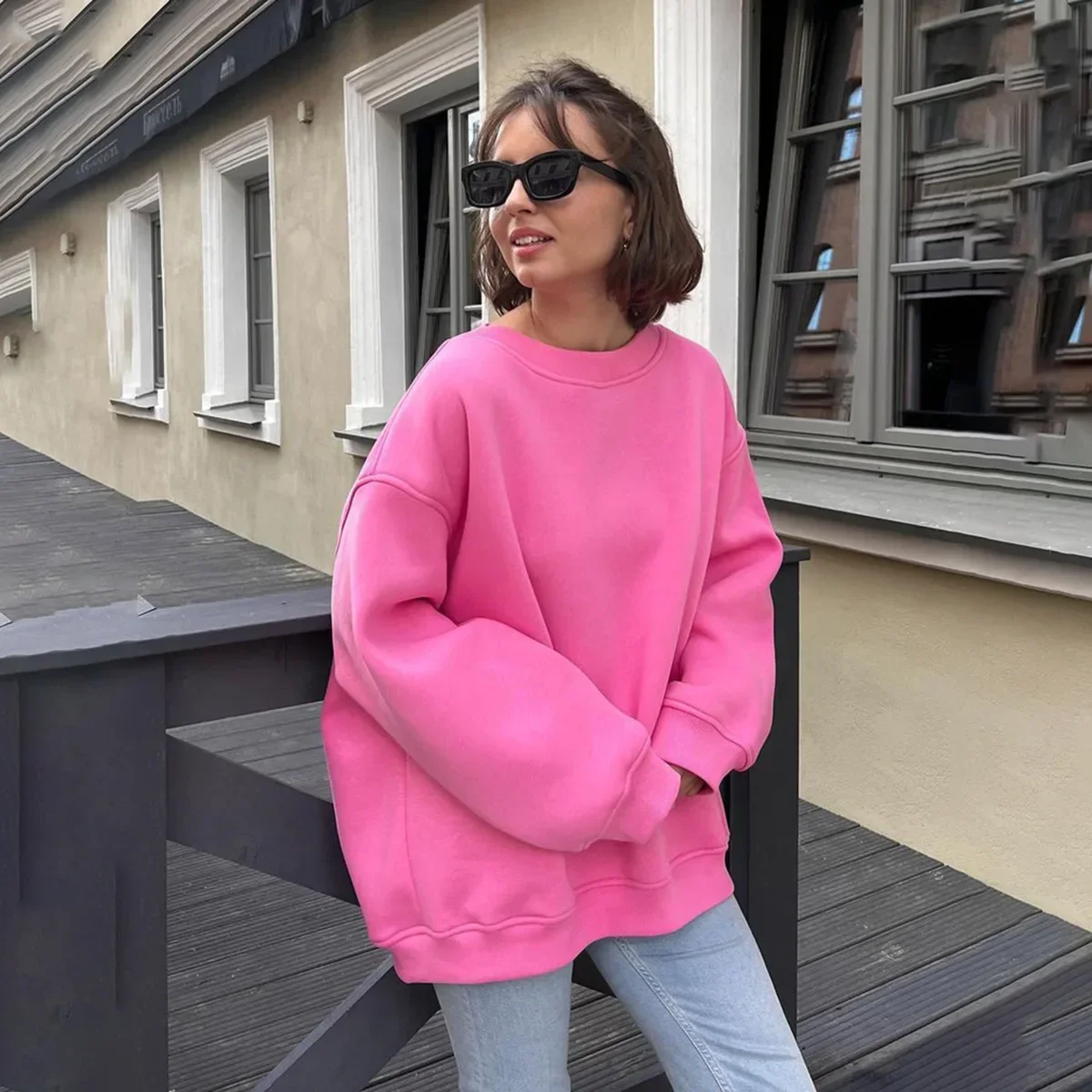 Women Sweatshirts Long Sleeve O Neck Solid Color Hoodies Pullover Loose Fit High Street Sports Casual Slight Stretch Autumn