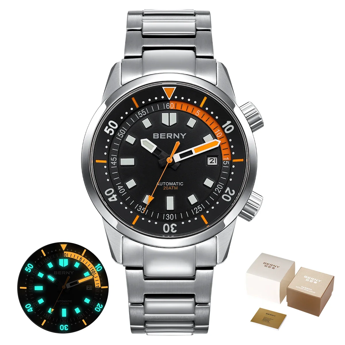 BERNY Herren-Taucheruhren, 200 m wasserdicht, superleuchtend, automatische mechanische Taucheruhr, 42 mm, Saphir-Schwimm-Tauch-Armbanduhr 6