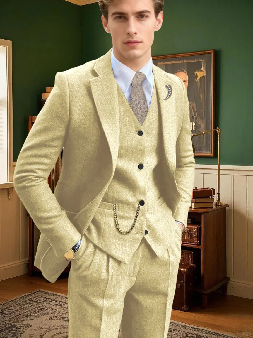 طقم بدلة رجالي مكون من 3 قطع بلون سادة من التويد متعرج طقم بدلة ضيقة واحدة الصدر بدلة العريس للأعمال سترة وسراويل #5