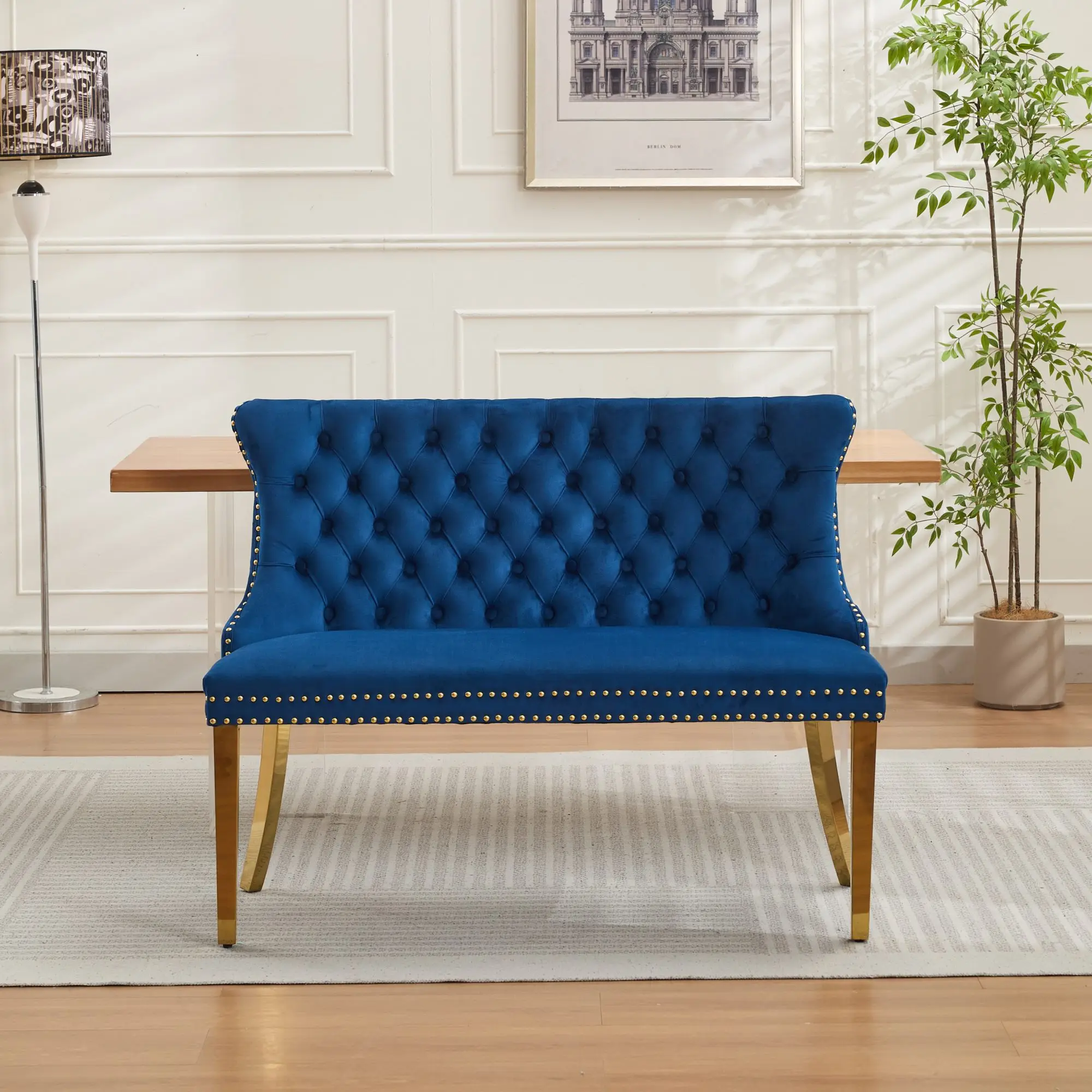*Velvet Double Dining Bench, Kitchen & Dining Seating, 2-Seat Tufted Bench Handmade Buttons, Gold-Plated Steel Legs