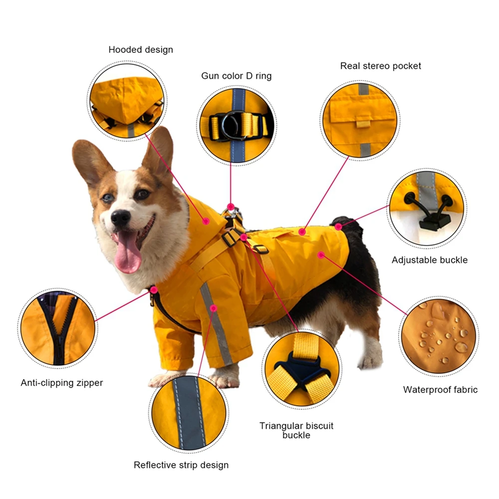 Reflective Dog Raincoat Waterproof Dog Clothes For Small Medium Dogs Cats Hooded Rain Coat Jacket with Harness Outdoor Raincape