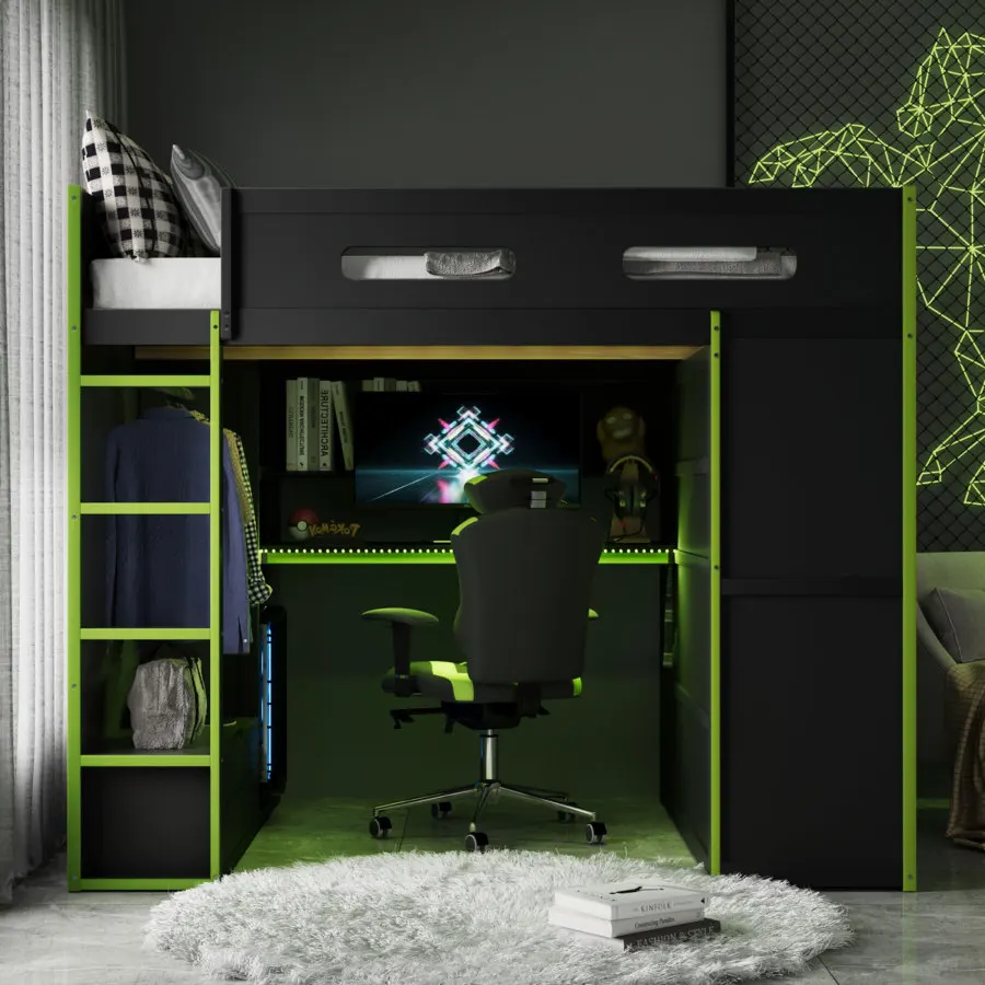 Full Size Wood Loft Bed with Desk, Wardrobe, Ample Storage Space, and RGB Light, Green OLD SKU:LT000261AAG Space Saving