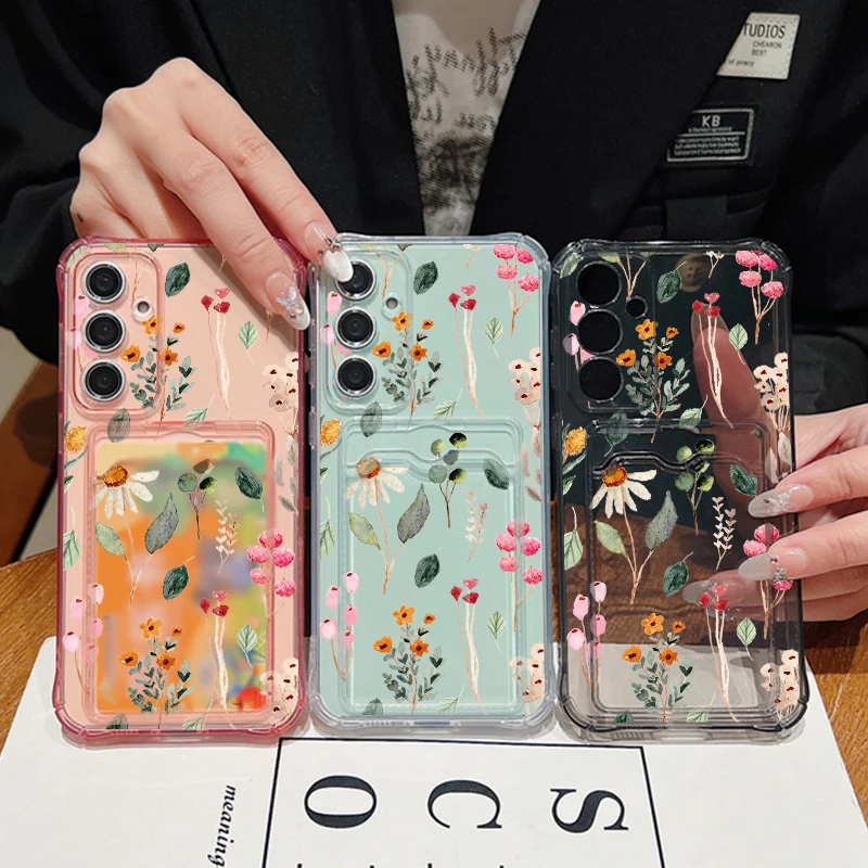 Card Slot Flower Buds Case For Samsung Galaxy S24 S26 S23 S22 S25 Ultra Edge S21 FE A34 A15 A25 A35 A16 A36 A56 A55 A54 5G Capa