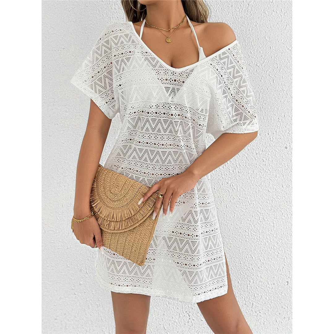 S - XL, V-Ausschnitt, kurze Ärmel, ausgestelltes, gestricktes Tunika-Oberteil, Strandkleid, Strandmode, Damen, V8214 – Detail 5