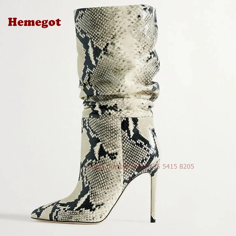 Sexy Grey Pointed Toe Snake Embossed Stiletto Slouch Boots Pointy Toe Thin Heels Mid-Calf Boots for Women Winter 2024 Casual