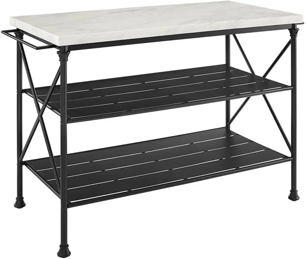 Pemberly Row Metal/Faux Marble Top Kitchen Island in Matte Black