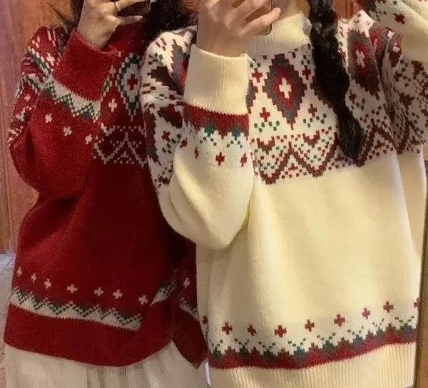 

Lazy Style Bottoming T-ShirtRed Christmas Sweater Women's Outerwear Autumn Winter Loose Bottom Knitted Top Vintage