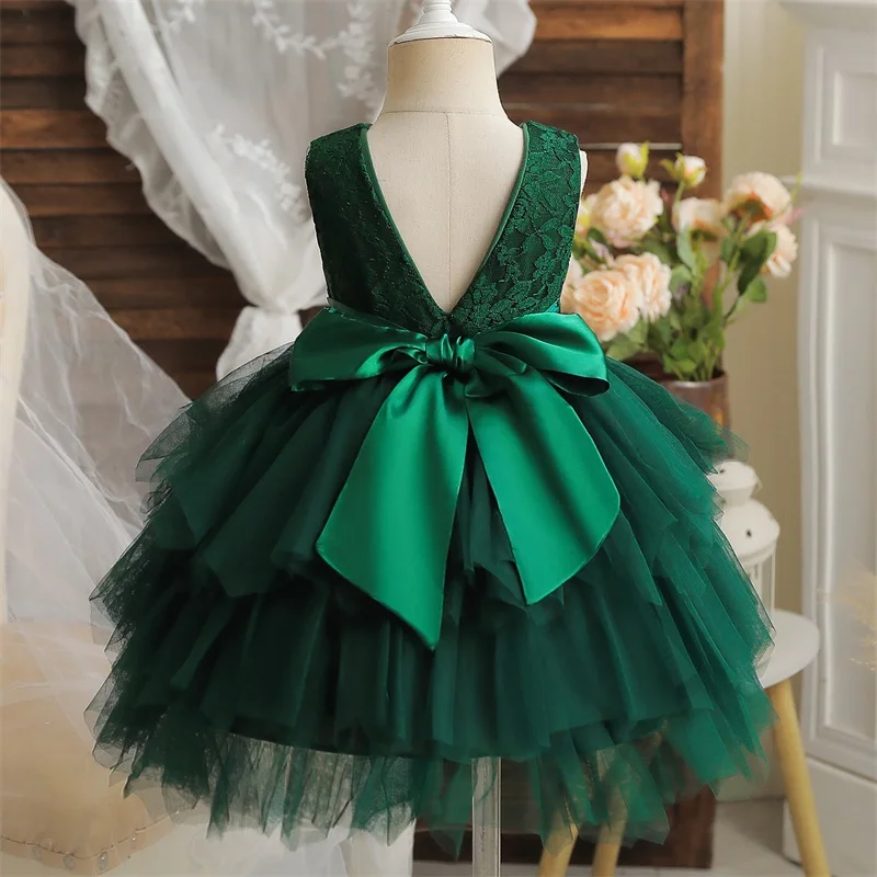 Flower Girl Dresses for Wedding Kids Lace Backless Tulle Tutu Princess Prom Party Clothes Baby 1st Birthday Baptism White Dress