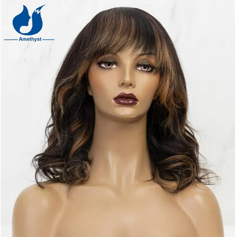 

Amethyst Short Wave Scalp Top Full Machine Made Wig Brazilian Remy Blonde Highlight Human Hair Wig With Bang 200 Density