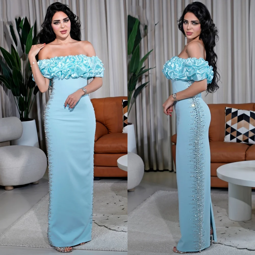 

Customized Sizes Available Jersey Sequined Pleat Straight Off-the-shoulder Long Dresses Bespoke Occasion Sparkle