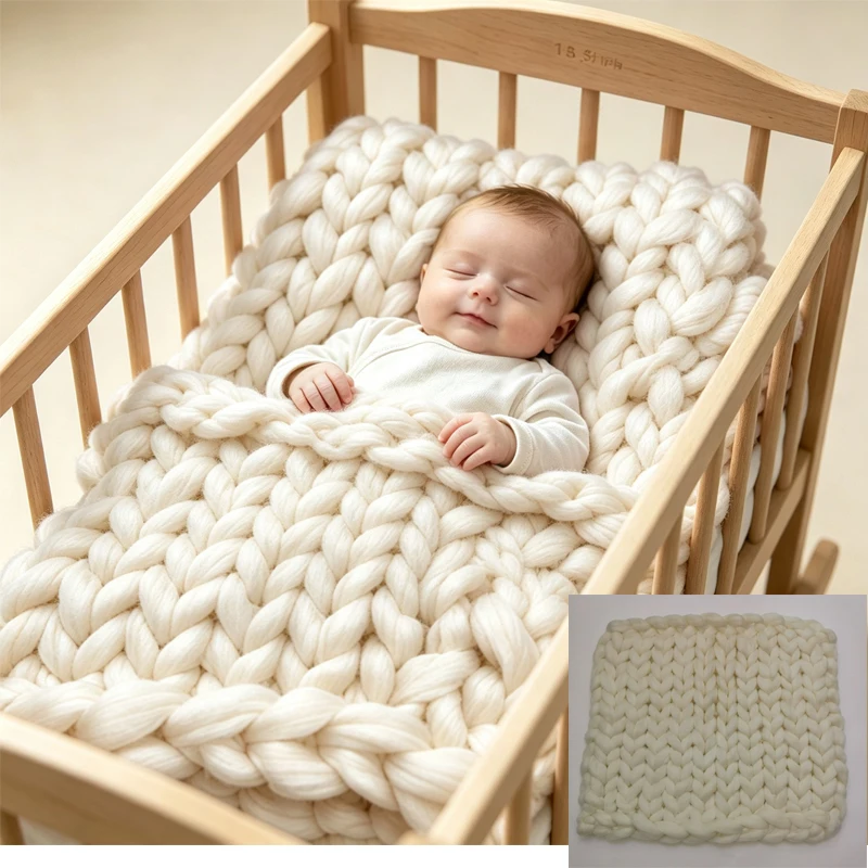 Newborn Photography Props Merino Wool Knitted Braid Blanket for Baby Photo Shoot Background Basket Stuffer Bump Wrap 50x50CM view 4