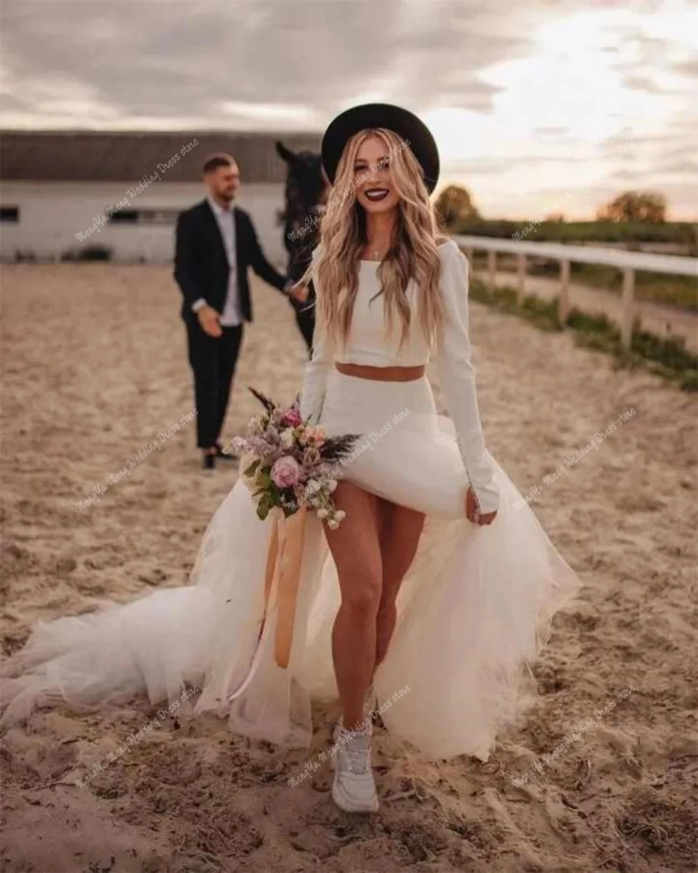 Customized Two-Piece Bohemian Jersey Wedding Dresses Long Sleeves Dropped Waistline Ruffled Tulle Exquisite Casual Bridal Dress