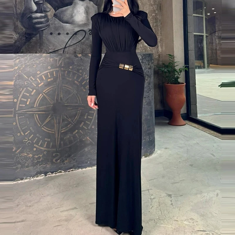 

Lady Casual Simple Commute Maxi Dress Elegant O-neck Long Sleeve Pleated Dress Temperament High Waist Solid Color Bodycon Dress