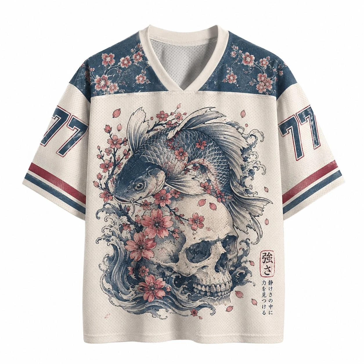 2026 Summer Fashion Retro Cherry Blossom Double Sheng Fish Design 3D Printing Outdoor Leisure Fitness Style V-neck T-shirt Large