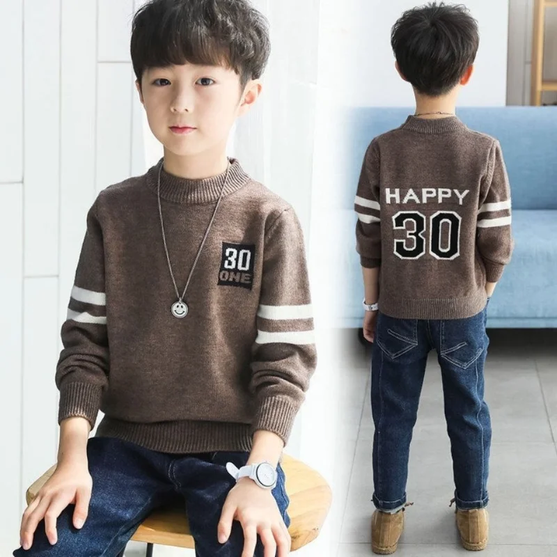 

2023 Kids Clothes Boys Knitted Kawaii Autumn Winter Crew Neck Long Sleeve Korean Solid ColorStriped Sweaters Jumpers