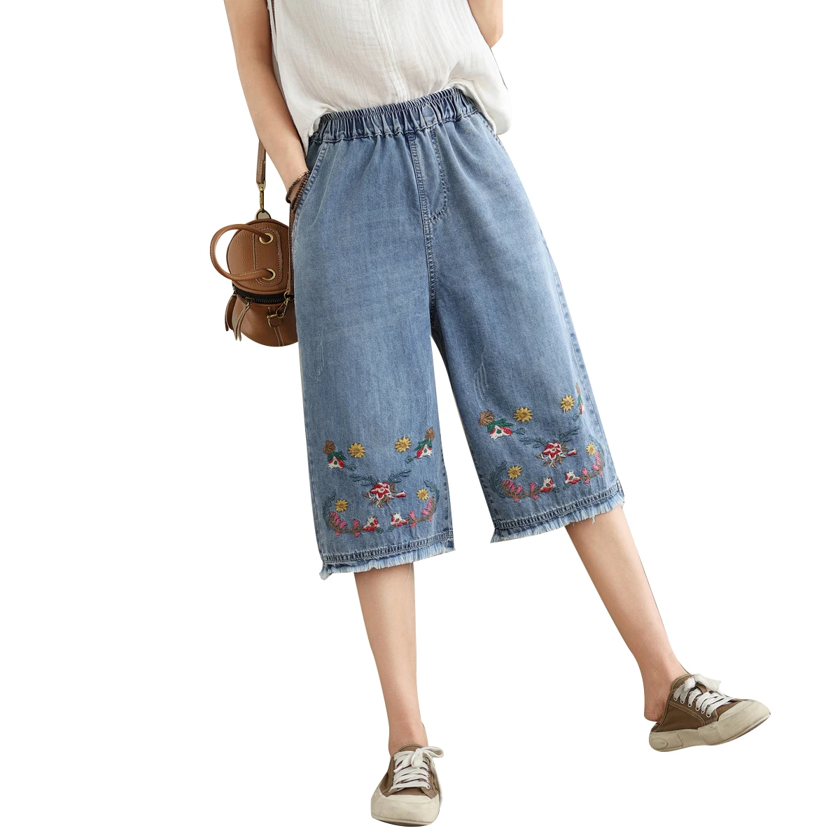 Aricaca Wide Leg Pants for Women Fashion High Waist Knee Length Jeans Shorts Women Oversize Denim Pants