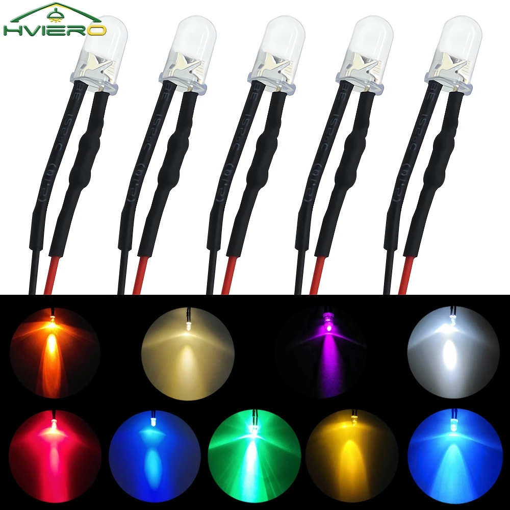 5X F5 5mm Okrągła 20cm Wstępnie okablowana Żarówka LED DC 12V Biała Czerwona Niebieska Zielona Żółta Ciepła Dioda Emitująca Diody