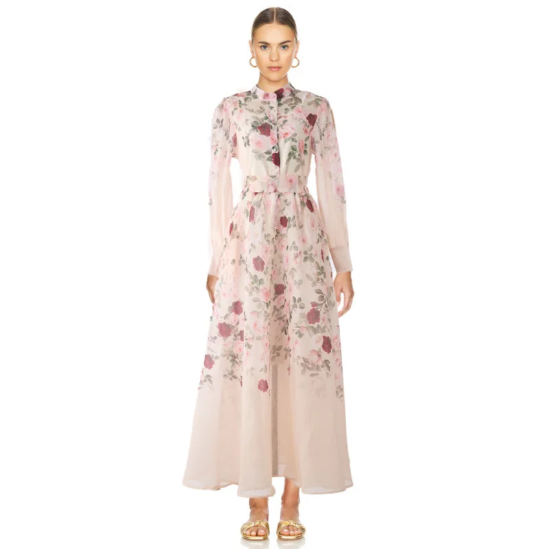 Nuovo set gonna lunga con stampa paisley a vita alta Street Sle Coppia Dr Camel Tessuto per capelli Motivo floreale Dettaglio bottoni