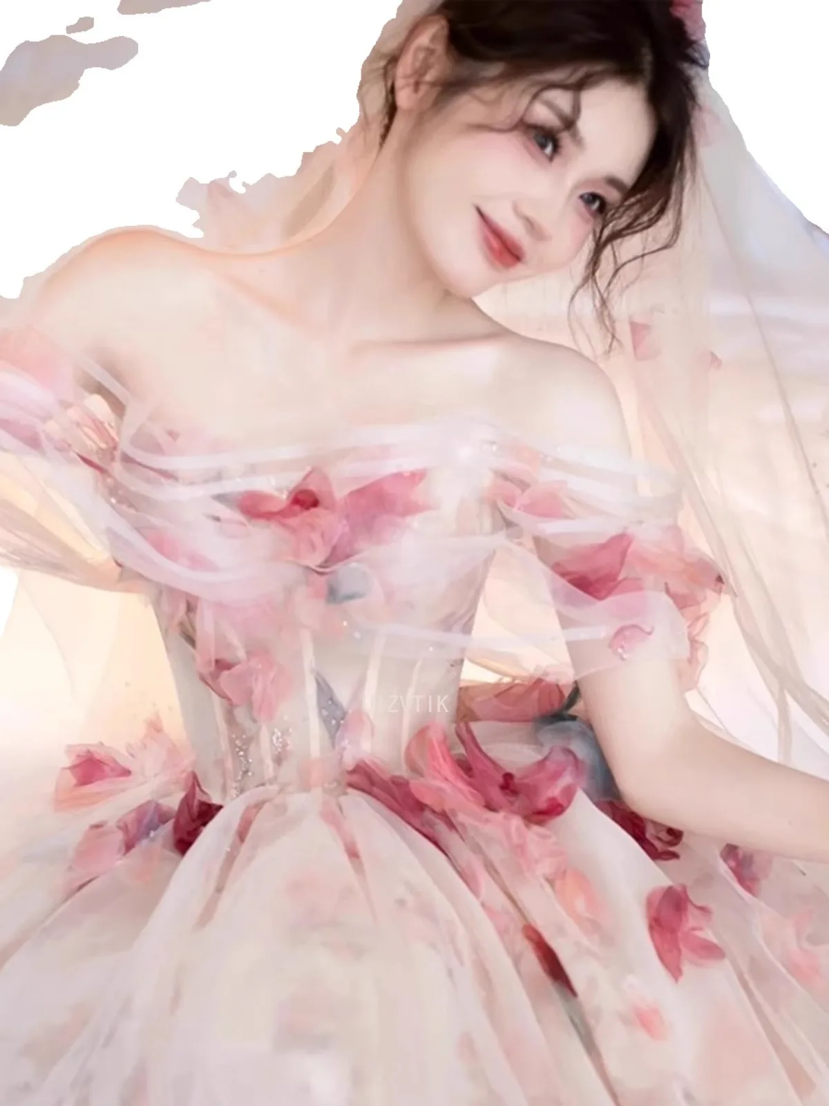 Long Floral Applique Wedding Dresses Women Fairy Pink Mesh Tulle Evening Ball Gown Off Shoulder Birthday Ceremony Prom Dress