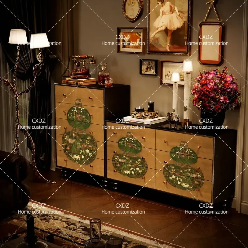 French Chinese style Fulu map Solid wood five-bucket six-chest cabinet Living room entrance against the wall Drawer cabinet
