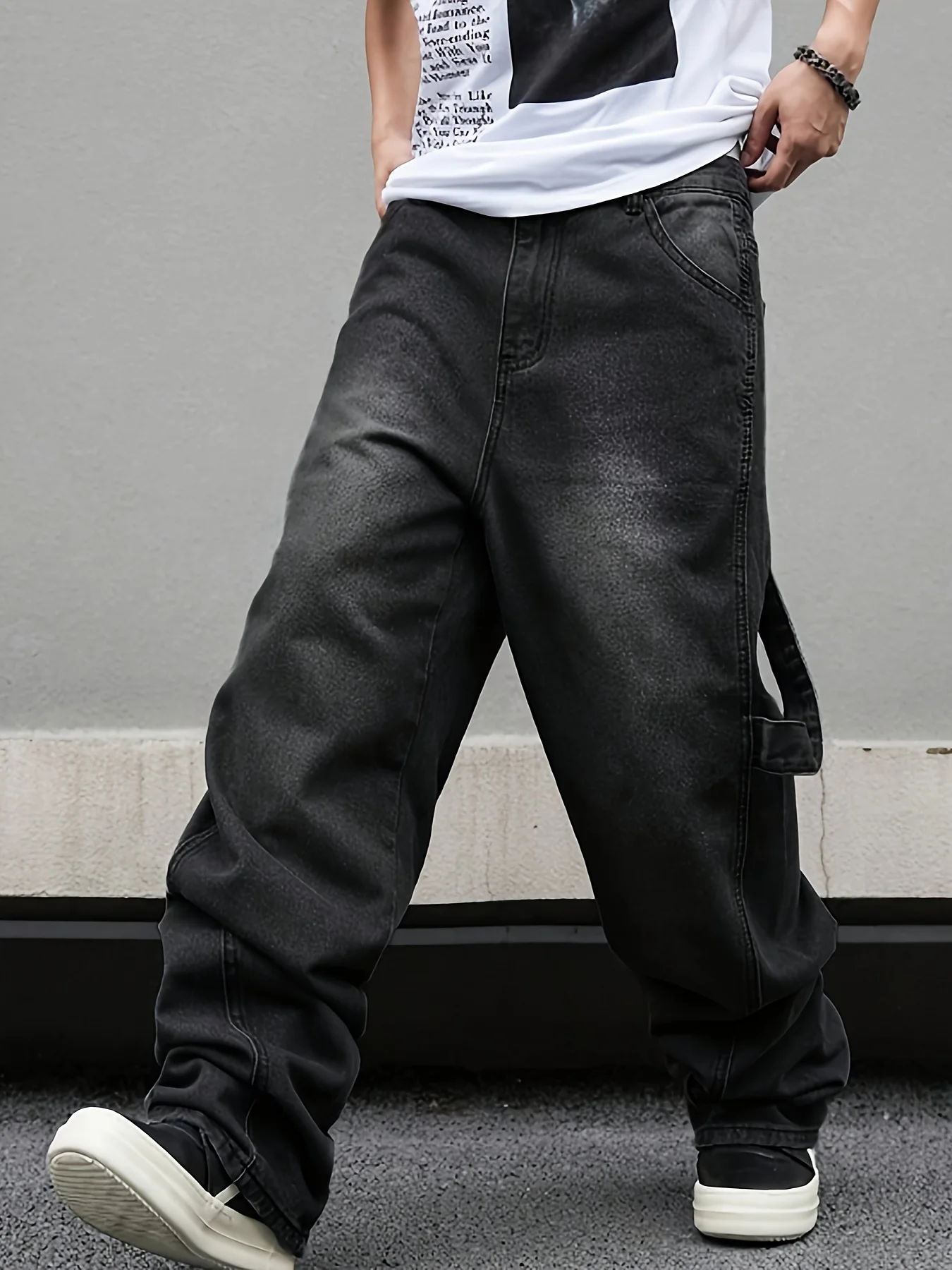 High street American Vibe pleated design micro flared jeans men's loose straight leg hanging wide leg pants men - Image 4
