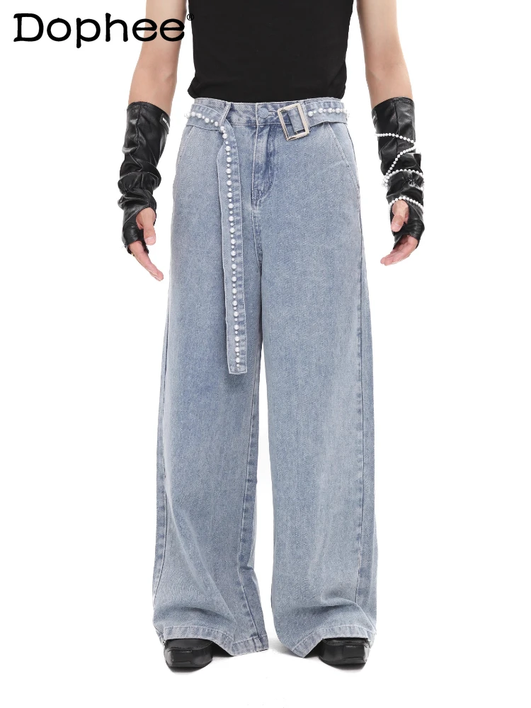 

Men's 2025 Summer New Niche Design Straight Pearl Belt Jeans Men's High-end Trend Denim Pants Loose Chic Wide-leg Denim Trousers