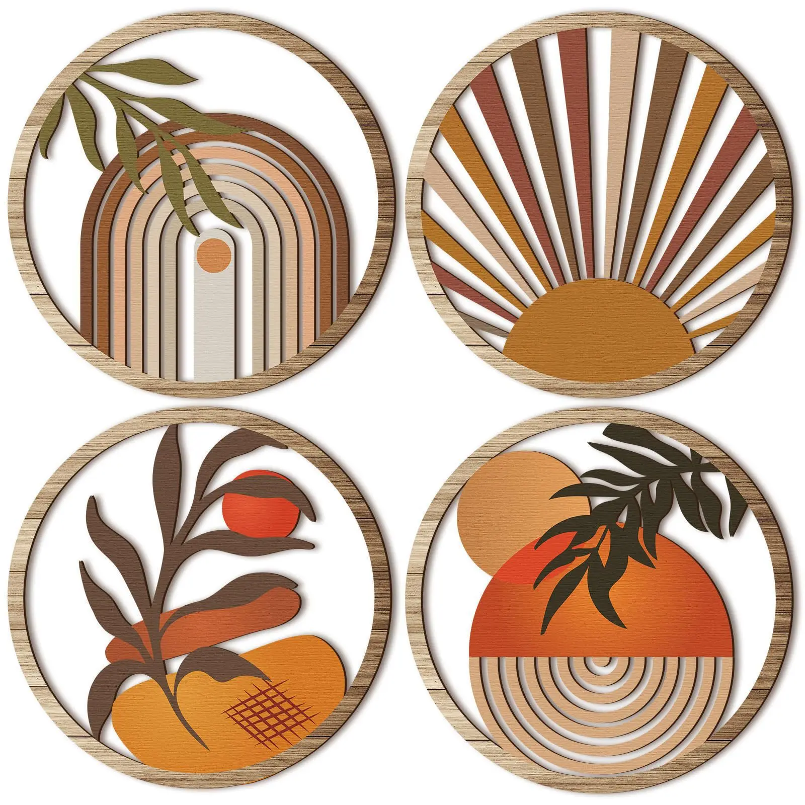4pcs Bohemian Wooden Wall Art Set - Energy-Efficient, Hollowed-Out, Pastoral Theme Hanging Sculptures for Living Room, Bedroom