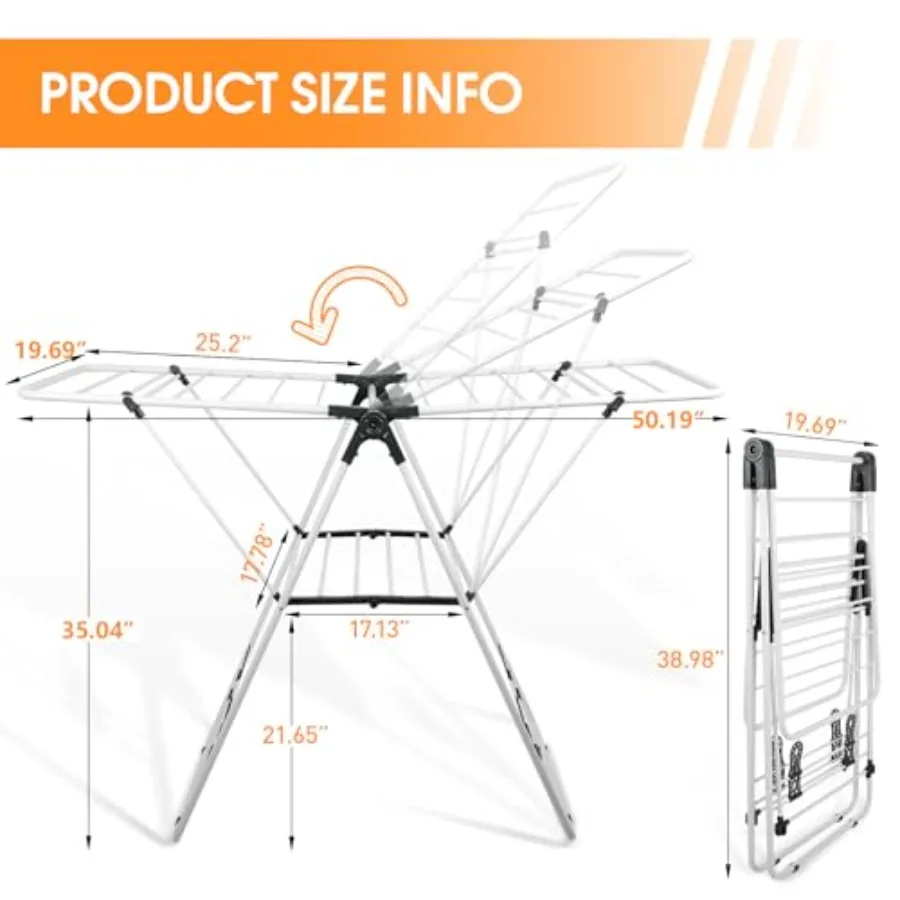Clothes Drying Rack Foldable Metal Laundry Drying Rack White with Height-Adjustable Wings, Space Saving, Indoor Outdoor Use, Fr