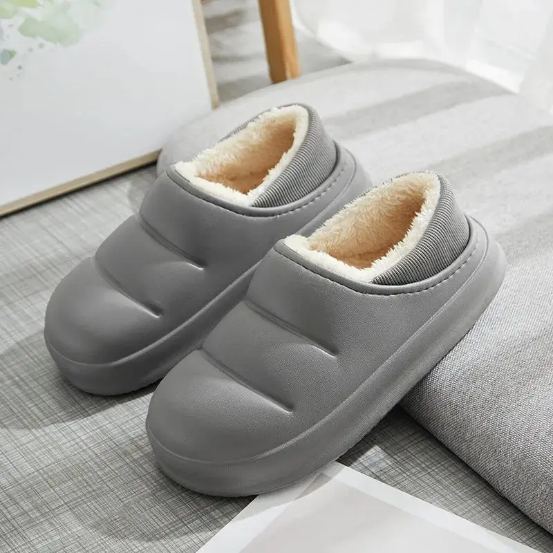 

Women's Waterproof Fur Slippers Warm Plush Winter Household Slippers Flat Bottom Artificial Leather Upper Footwear