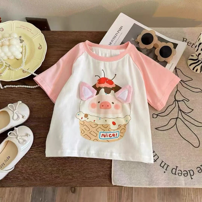 

2025 New Summer Girls' 100% Pure Cotton Stylish Printed 3D Pig Short Sleeved T-shirt