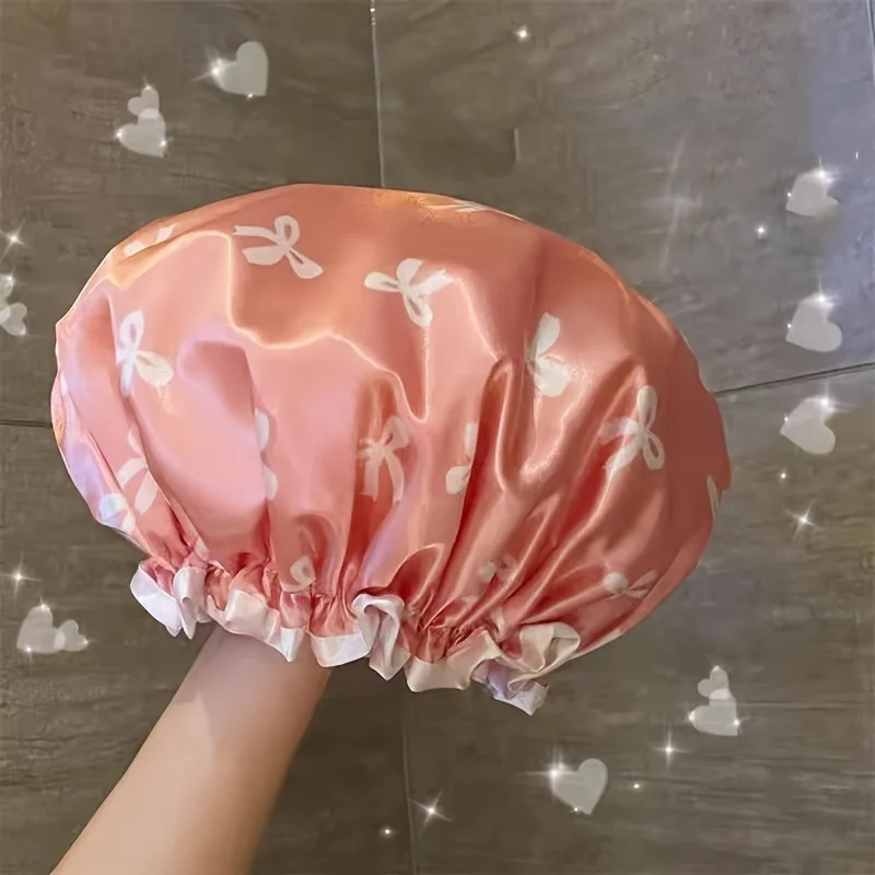 

A bow double layered waterproof shower cap, adult long hair shower protective cover multifunctional household kitchen smoke hood