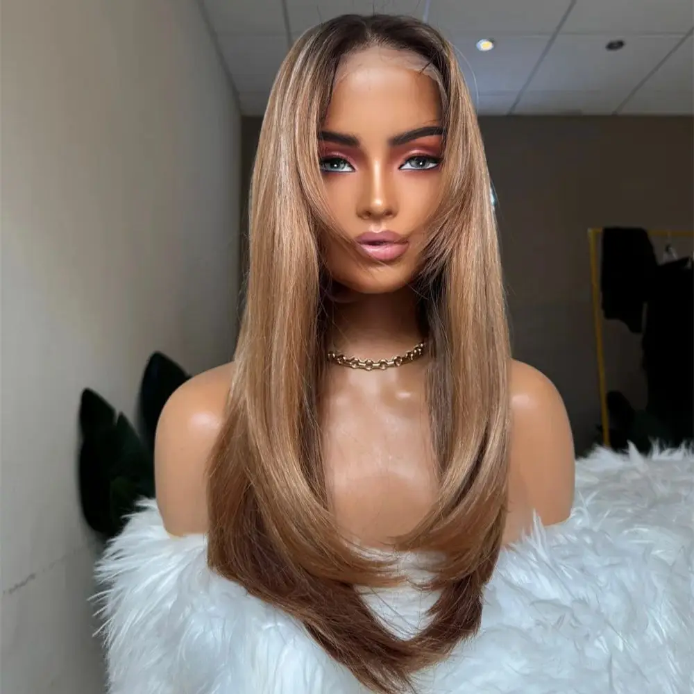 Blonde Softlights Layered Auburn Wig Synthetic Lace Wigs for Women 13x4 Lace Front Wig Pre Plucked 24Inch Straight Wig Daily Use