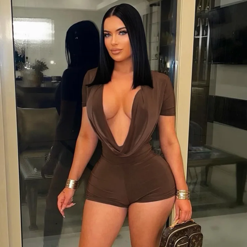 

Однотонный облегающий комбинезон с глубоким V-образным вырезом и коротким рукавом, шорты-комбинезон, обтягивающий костюм-бодикон, трансграничный бестселлер