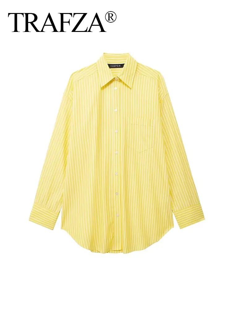 TRAFZA 2024 Summer Causal Yellow Striped Blouse For Women Long Sleeves Lapel With Pocket Single Breasted Elegant Shirt Chic Tops