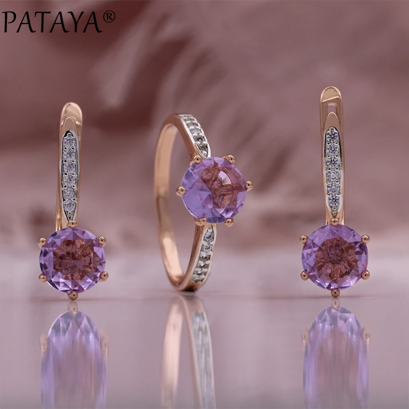 

PATAYA New Purple Zircon Earrings Ring Set For Woman 585 Rose Gold Color Fashion Jewelry Party Wedding Sets Gifts