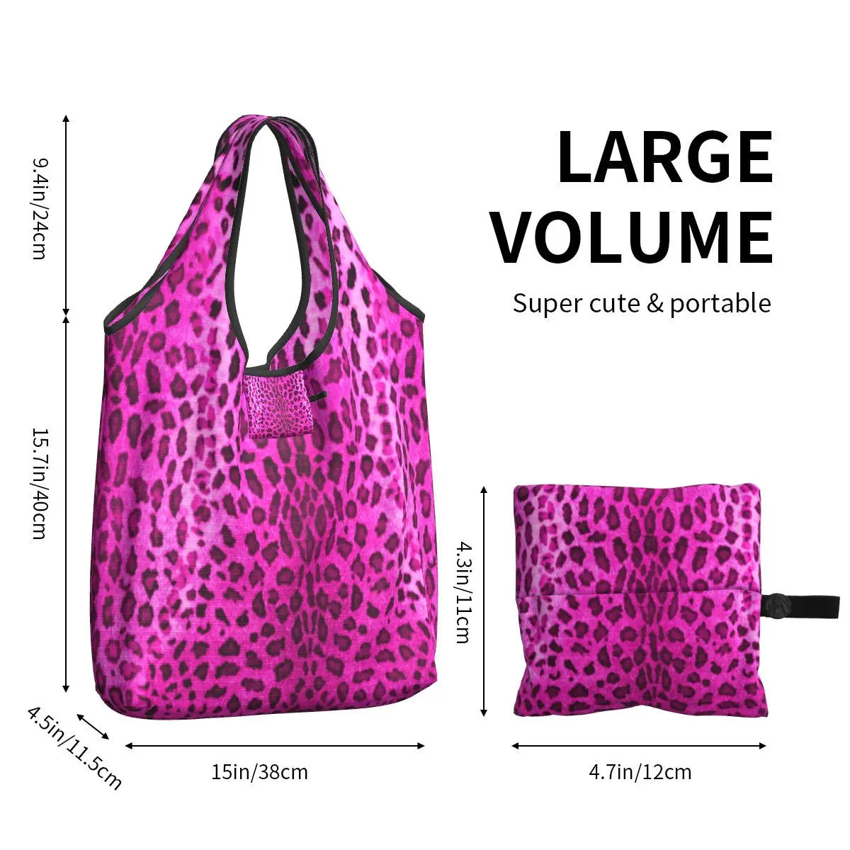 Kawaii Pink Leopard Shopping Tote Bag Portable Animal Skin Print Grocery Shopper Shoulder Bag