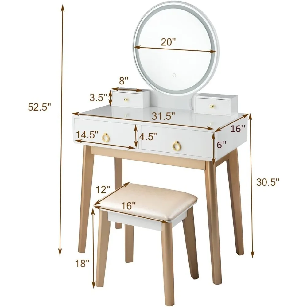 Makeup table with touch screen dimming mirror, 3 color lighting modes, dressing table with 4 sliding drawers16