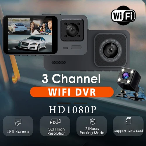 Imagen 2 del producto Cámara DVR WIFI 3 para coche, Mini cámara de salpicadero interior de 1080P para vehículo, grabadora DVR de tres canales, grabadora de vídeo, Mini videocámara Dashcam
