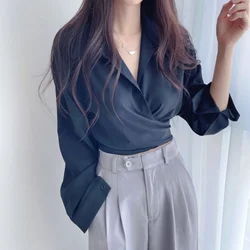 Women Chiffon Shirt Solid Lady Thin Summer Back Tie Bowknot Waist Closing Unique Chic Short Tops