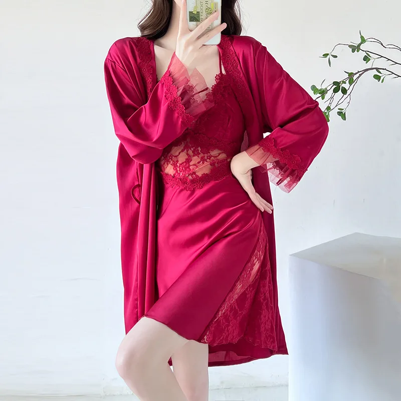 

Bridal Kimono Robe Gown Suit Sexy Bathrobe Lace Perspective Sleepwear With Strap Nightgown Bridesmaid Wedding Nightwear Lingerie