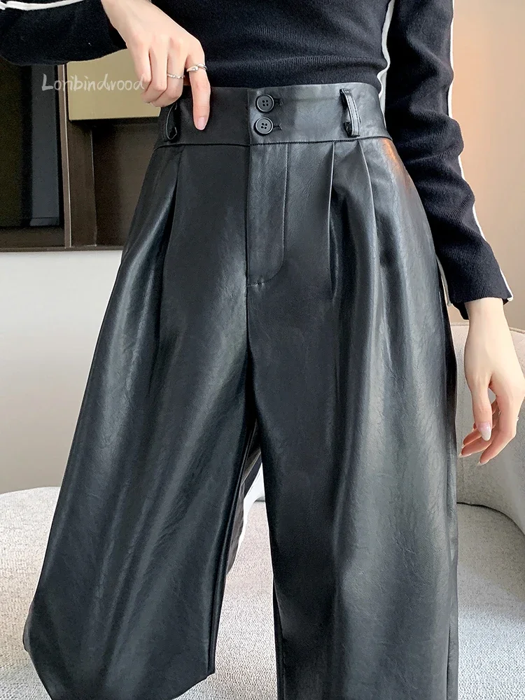 

Suli Brand Autumn and Winter New PU Leather Pants Loose Straight High Waist Wide Leg Women's Pants Casual Suit Pants Trousers