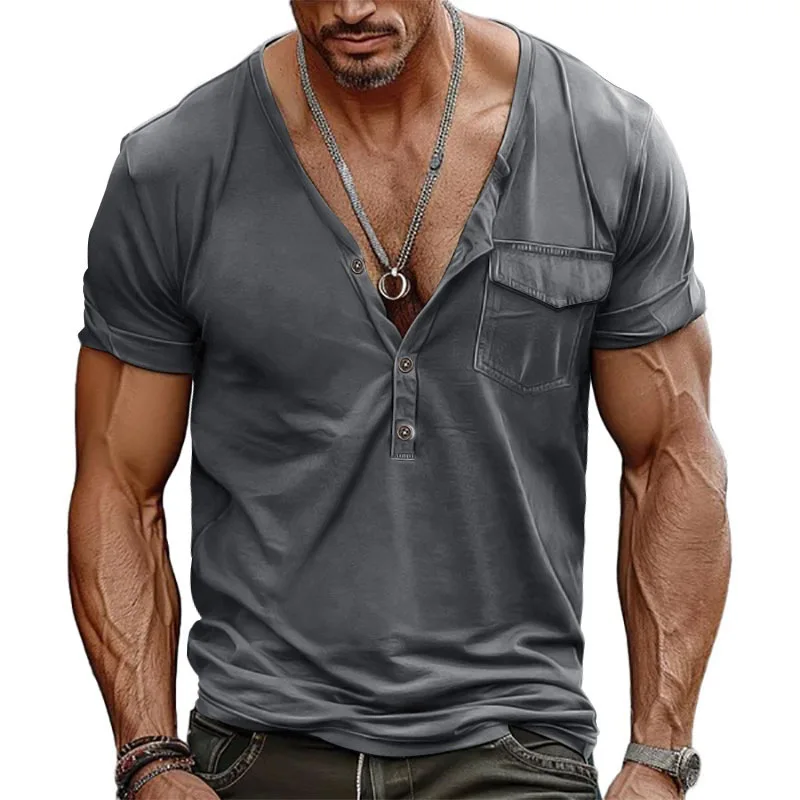 Herren V-Ausschnitt Henley-Shirt 2026 Sommer Retro Locker Sitzende Kurzarm-T-Shirts mit Tasche Modische Lässige Alltags-Oberteile für Männer