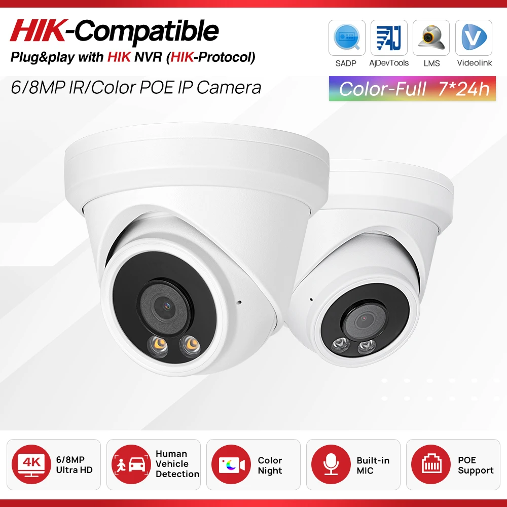 

4K Color Night Security Camera 8MP 6MP PoE Video Surveillance Cameras Human Vehicle Detection Built-in Mic HIK Protocol