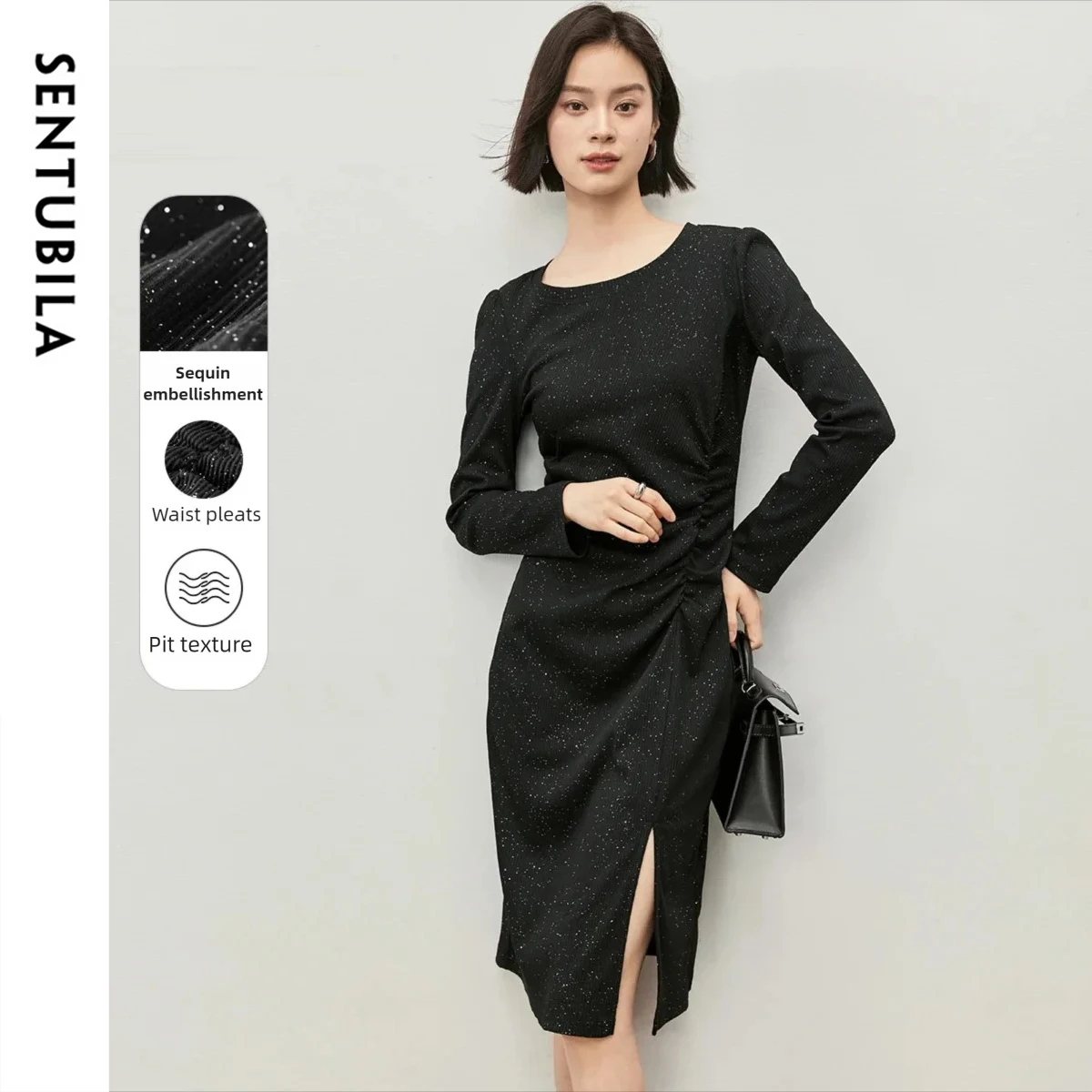 

SENTUBILA Black Sequin Bodycon Dress For Women 2025 Spring Luxury Elegant Lady Sexy Split Knitted Dresses Party Club 143L56650X