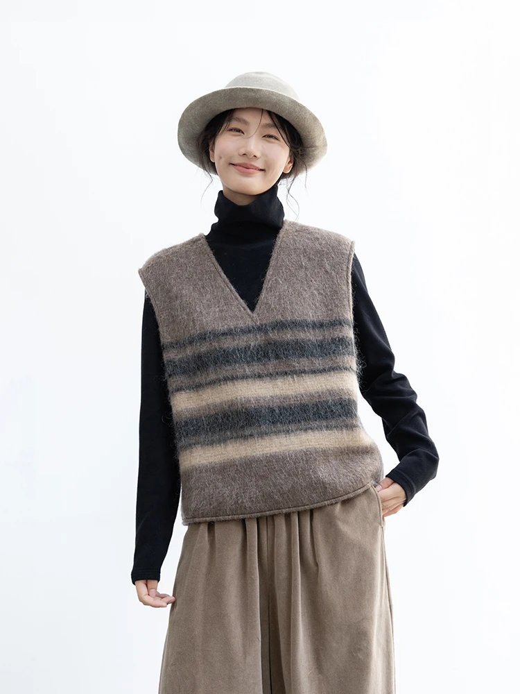 

Новый жилет из шерстяной смеси Le Collection с V-образным вырезом, осенне-зимний, с нерегулярными полосками, привлекательный, свободного кроя, повседневный женский топ