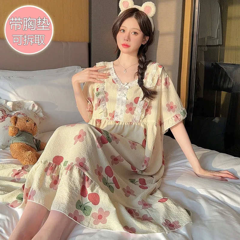 150kg Plus Size Women Pajamas with Chest Pad Korean Cartoon Summer Thin Short Sleeve Nightdress Lace Sweet Nightgown Sleepdress