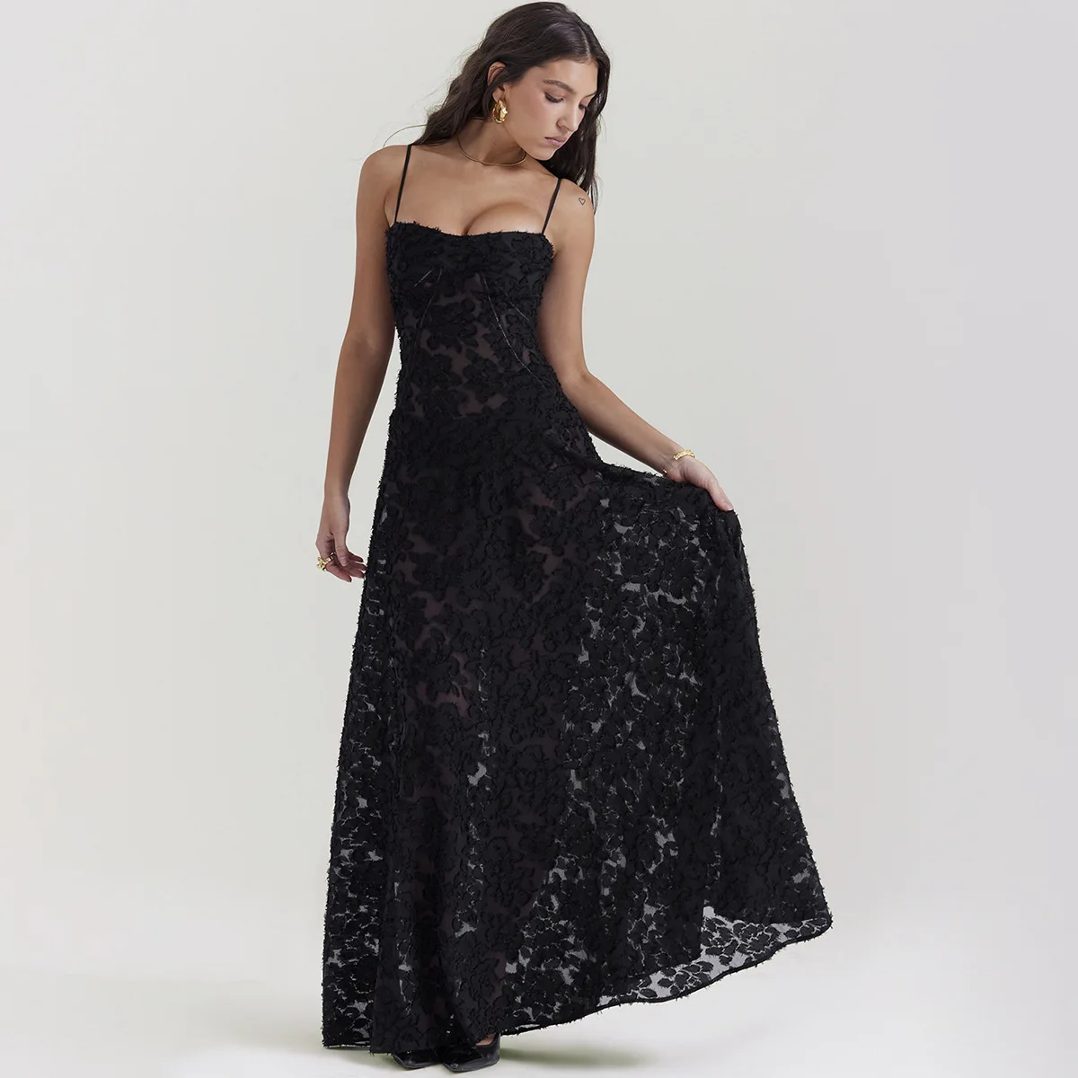 Oligai Maxi Black Formal Occasion Dress Elegant Spaghetti Strap Event Party Dresses Embroidery See Through Women\'s Clothing