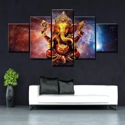 5 Pieces Abstract Ganesha Hindu Modular Wall Art Canvas Painting Poster Art for Living Room Decoration Picture Wall No Frame
