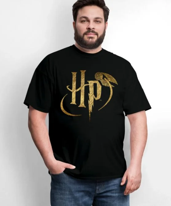 La tela de punto absorbente de sudor de algodón puro con el logotipo de Harry Potter dorado estampado en la camiseta de los hombres es lavable a máquina