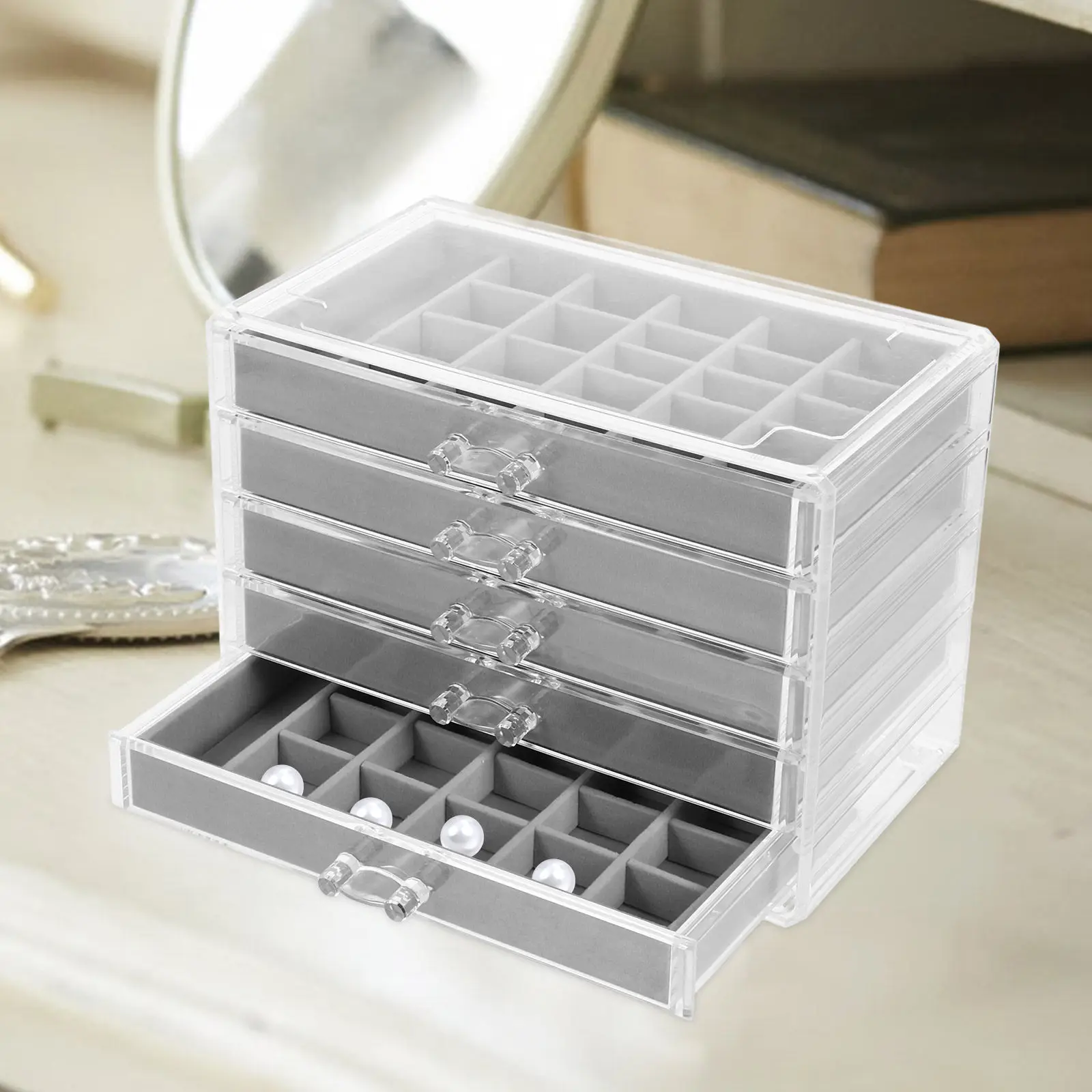 Acrylic Jewelry Organizer Box 5 Drawers Clear Large Capacity Earring Ring Necklace Storage Display Case Grey Desktop Storage